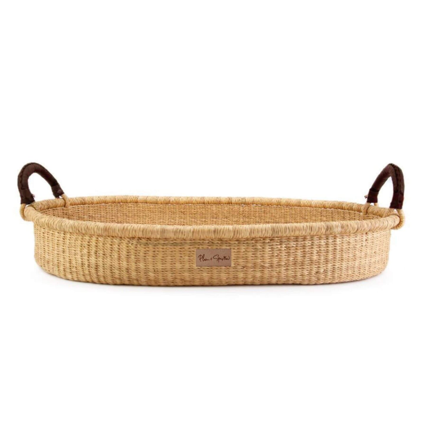 Plum+Sparrow Changing Basket Brown Handle on a white background