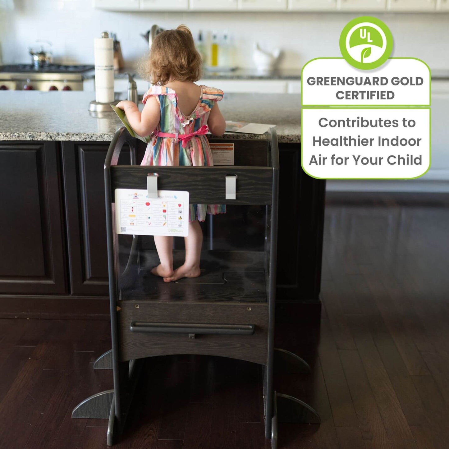 Girl Standing on Little Partners Chef Series Learning Tower Charcoal