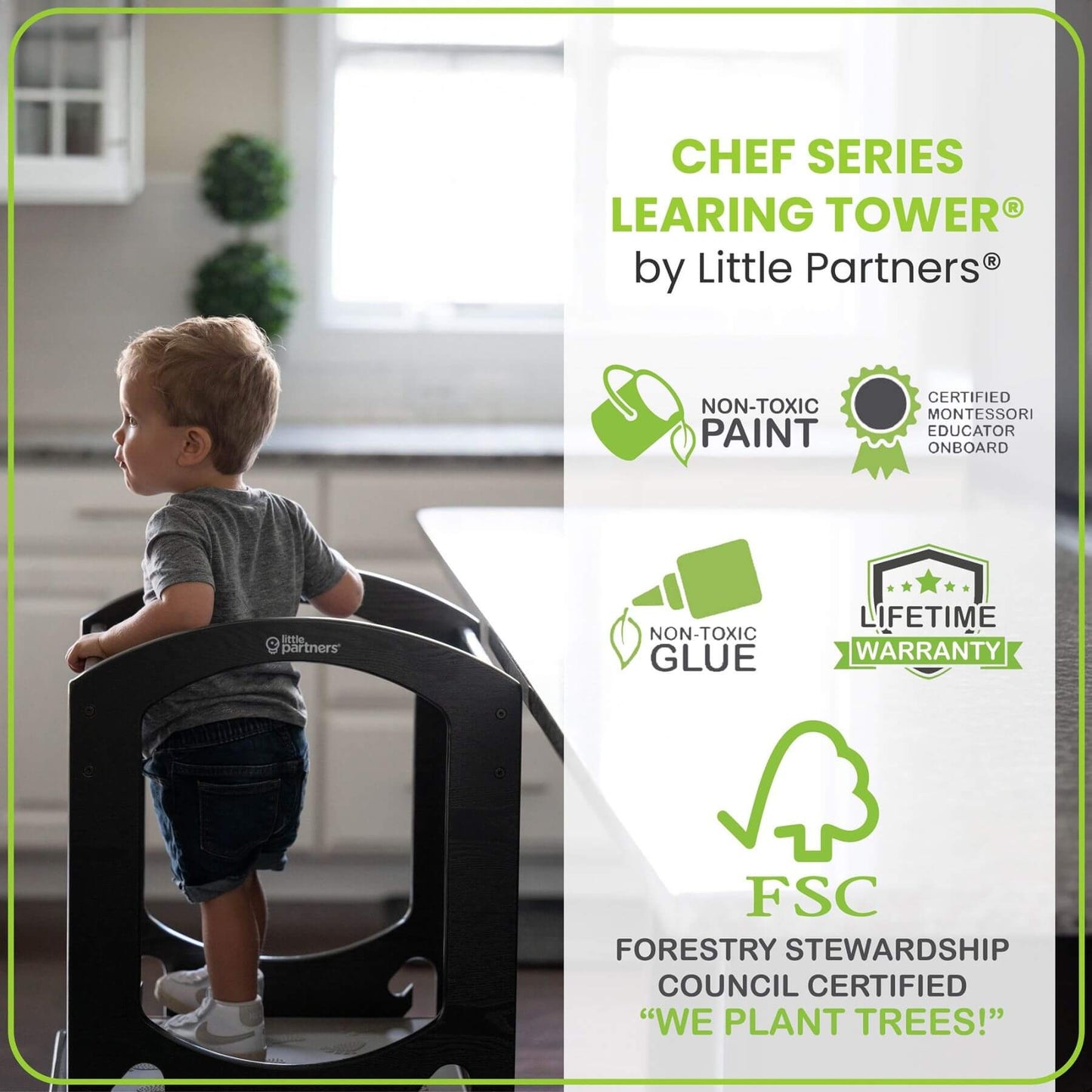 Boy Standing on Little Partners Chef Series Learning Tower Charcoal