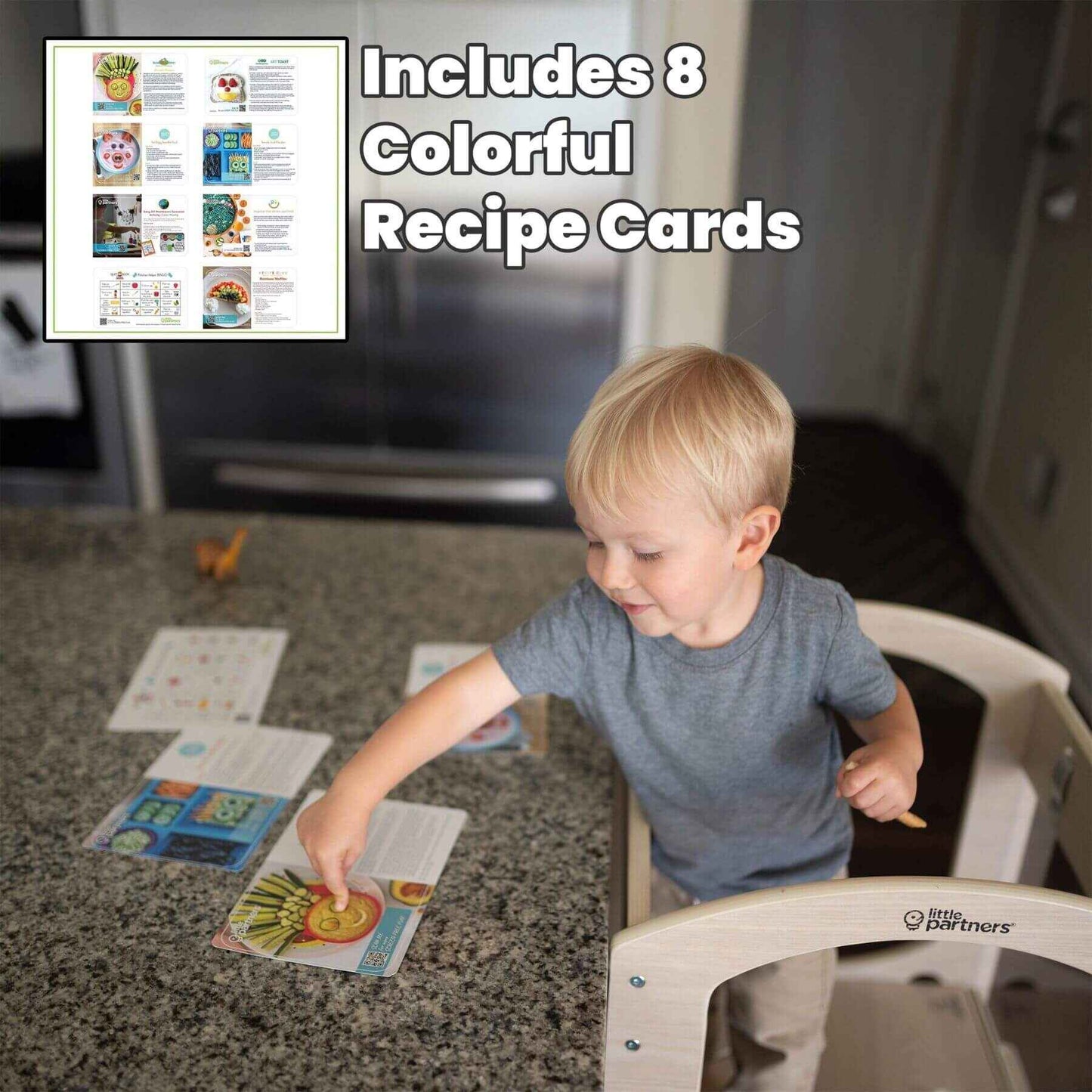 Boy Standing on Little Partners Chef Series Learning Tower Natural, Reading Recipe