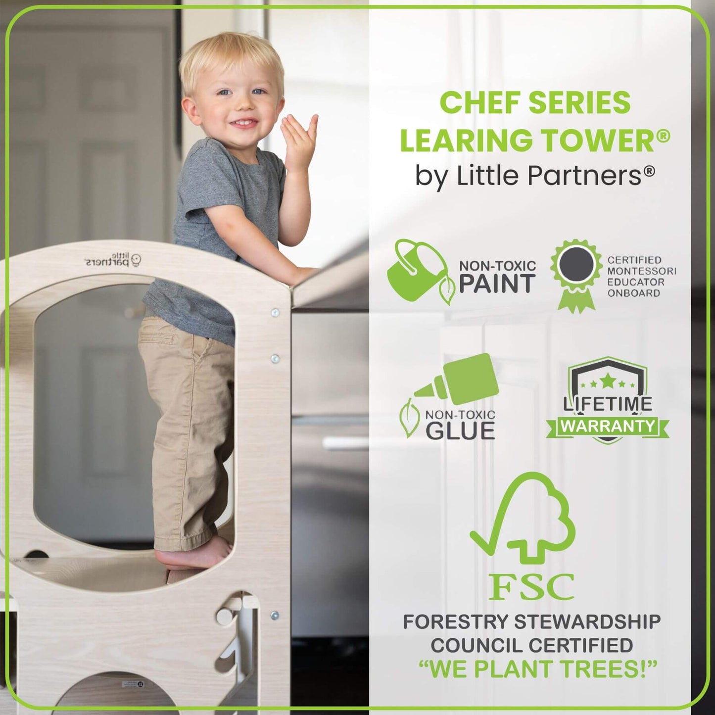 Boy Standing on Little Partners Chef Series Learning Tower Natural