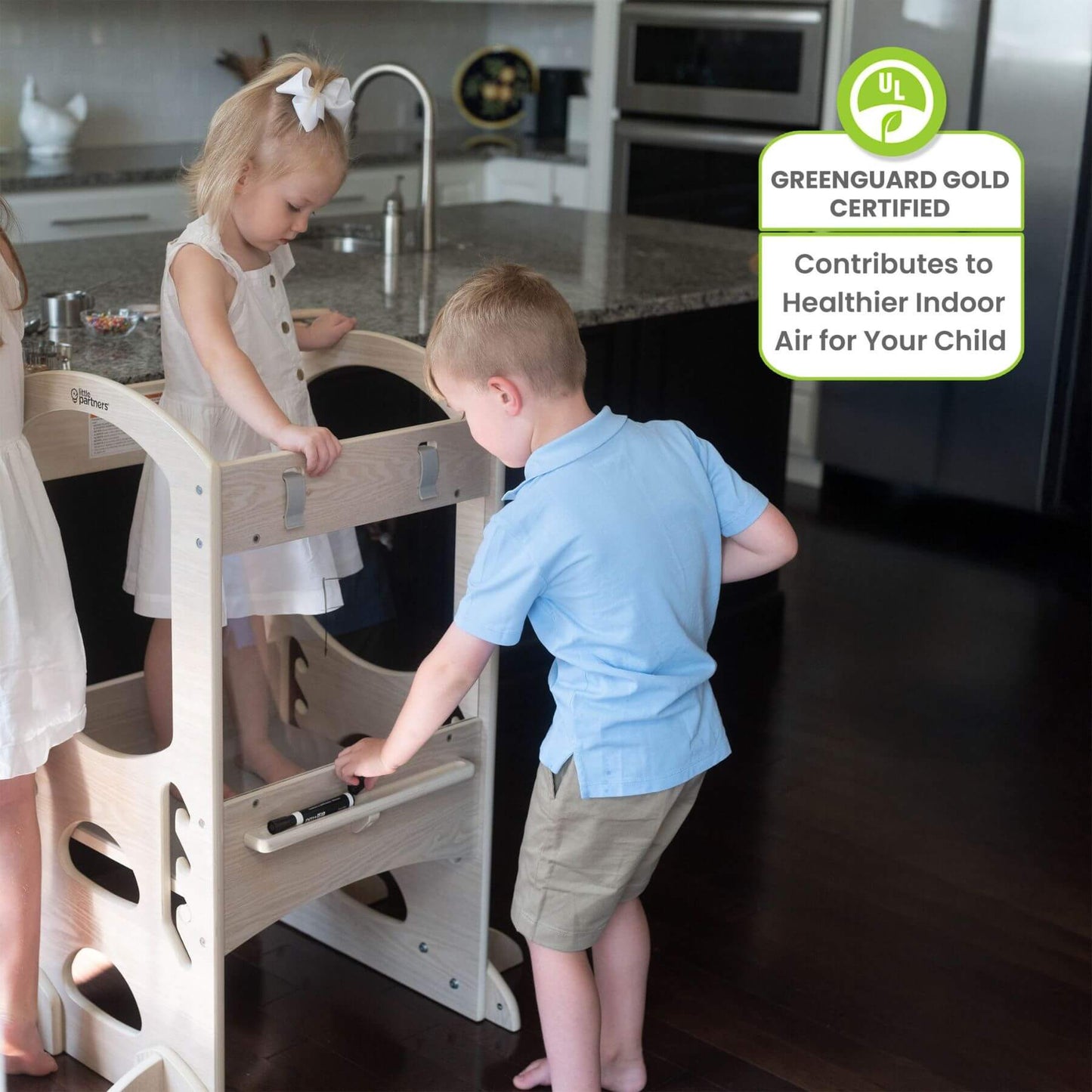 Girl Standing on Little Partners Chef Series Learning Tower Natural, with siblings