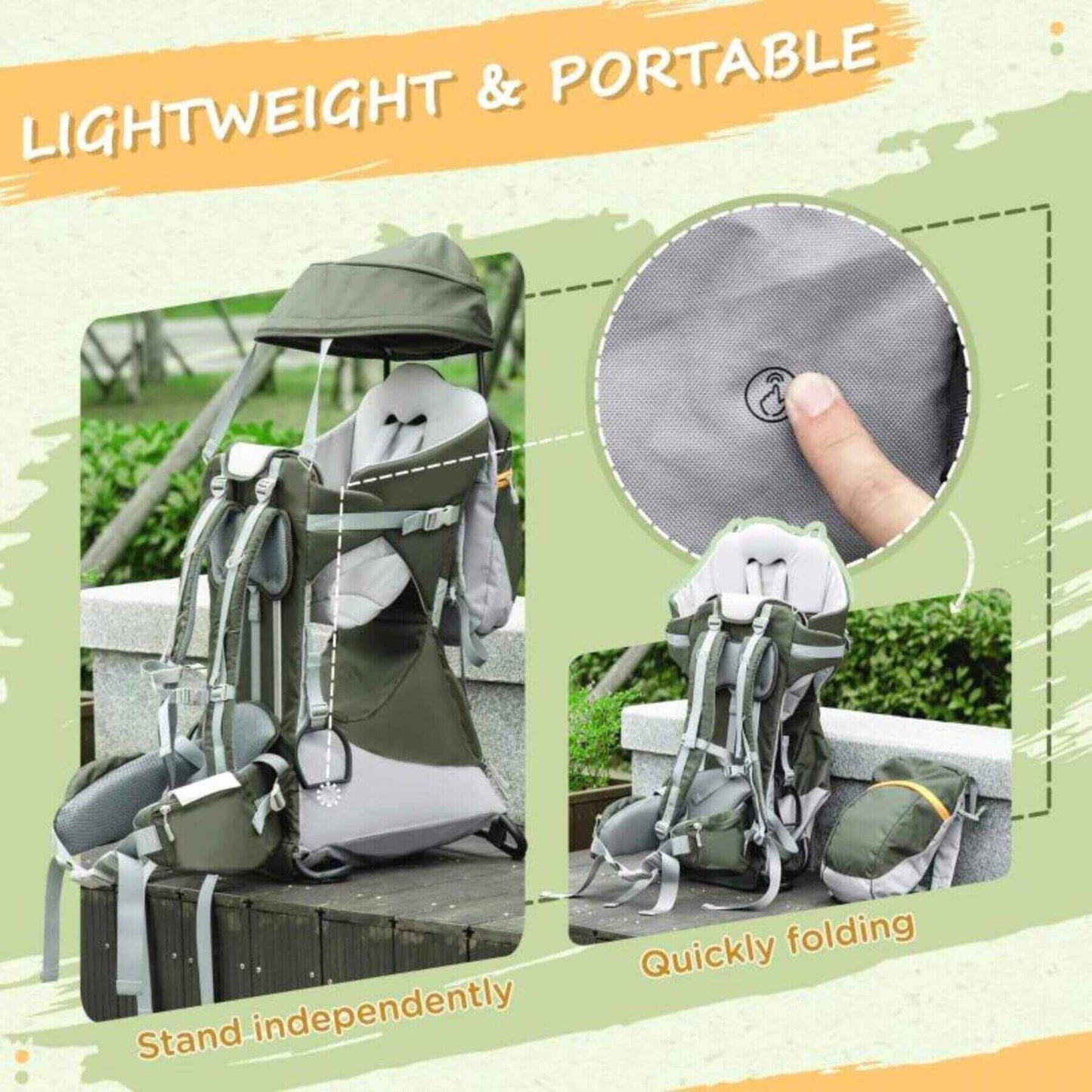 Detail of Qaba Child Carrier Hiking with Sun Canopy Rain Cover Green
