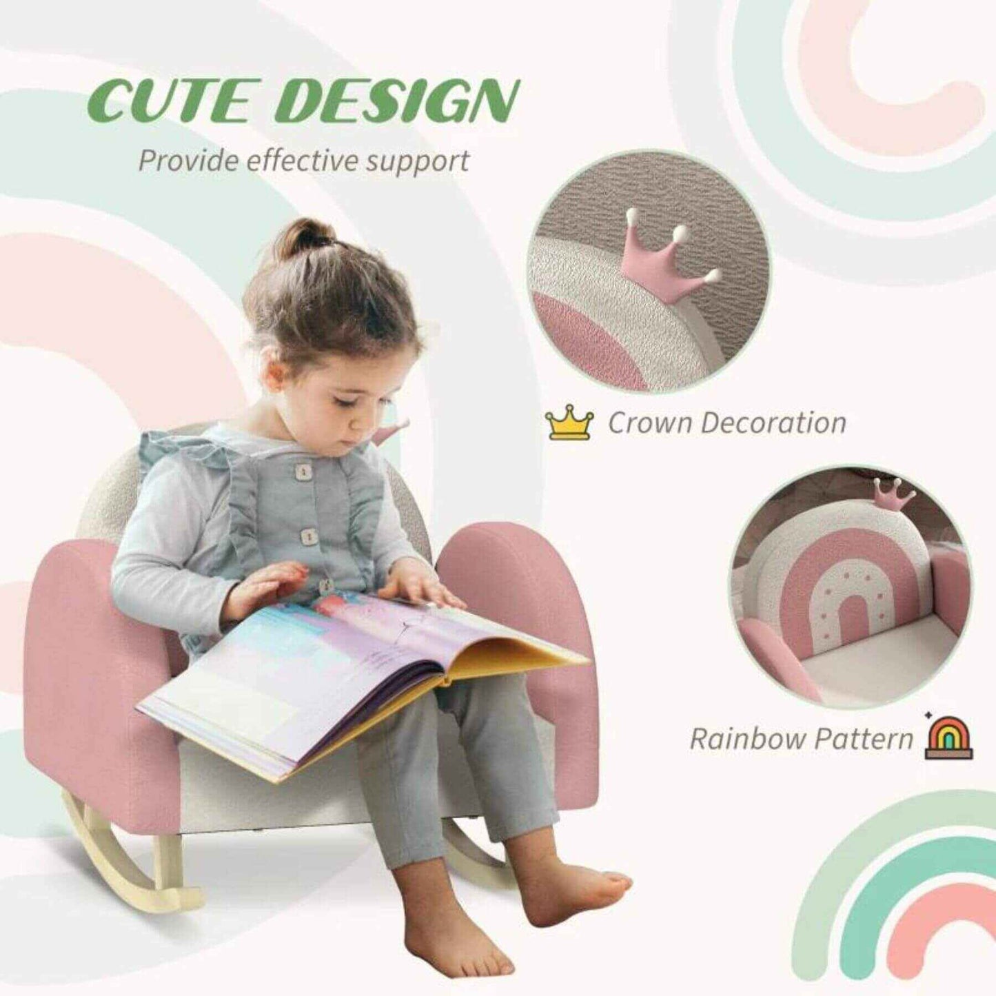 Girl Reading, Sitting on Qaba Children's Armchair Rocker for Bedroom, Playroom, Pink