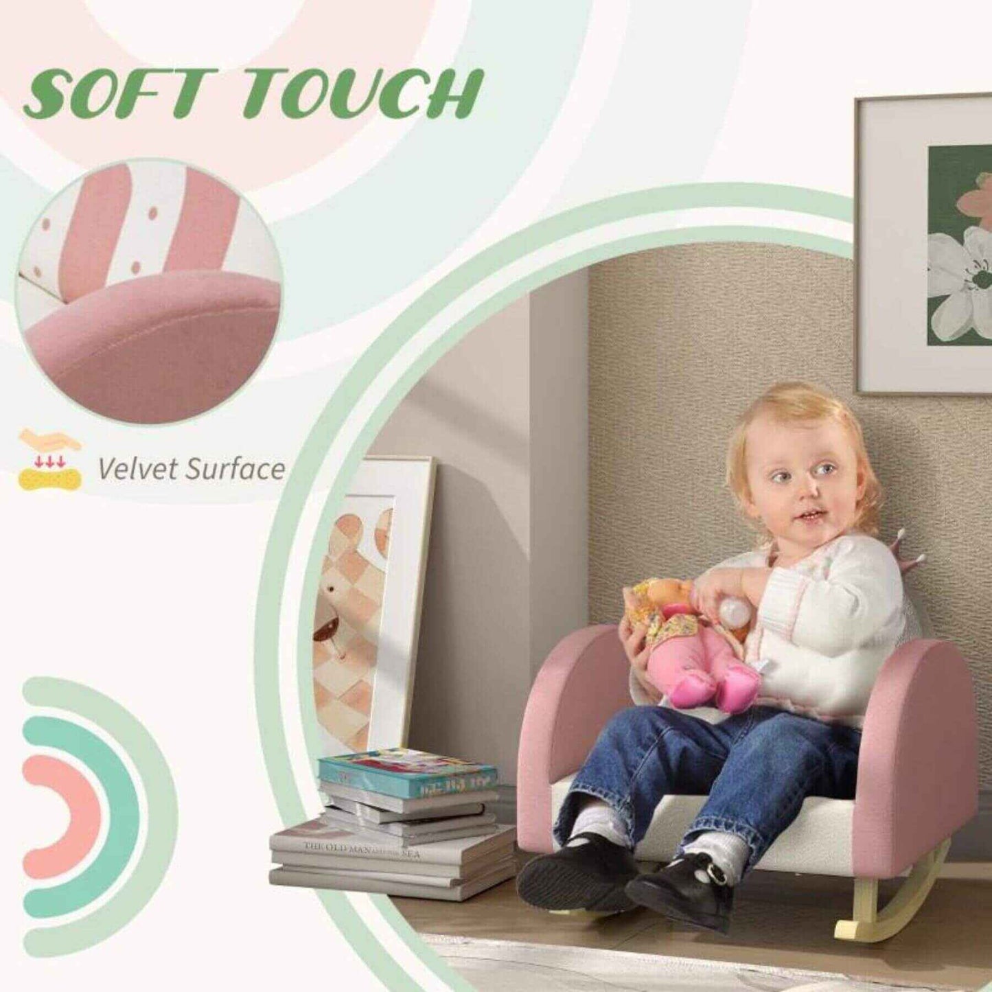 Boy Sitting on Qaba Children's Armchair Rocker for Bedroom, Playroom, Pink