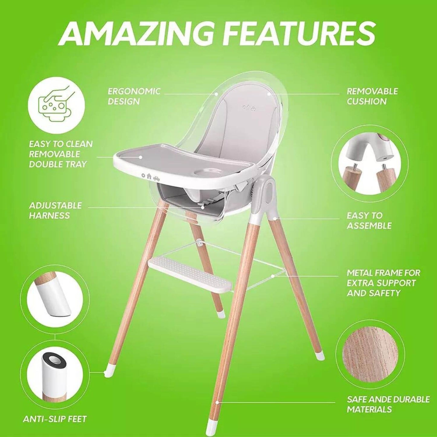 Children Of Design 6 in 1 Classic High Chair in Grey - Detail