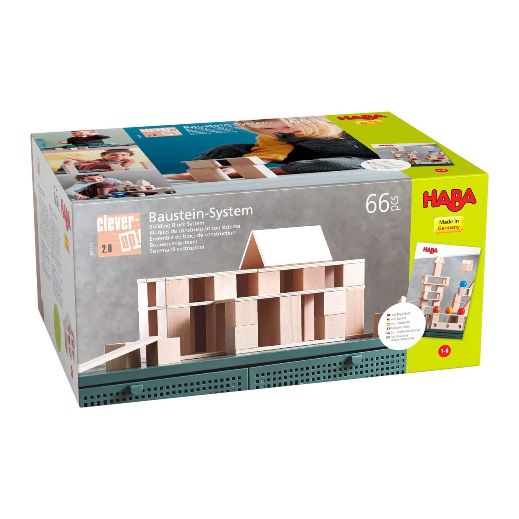HABA building block system packaging with model and branding