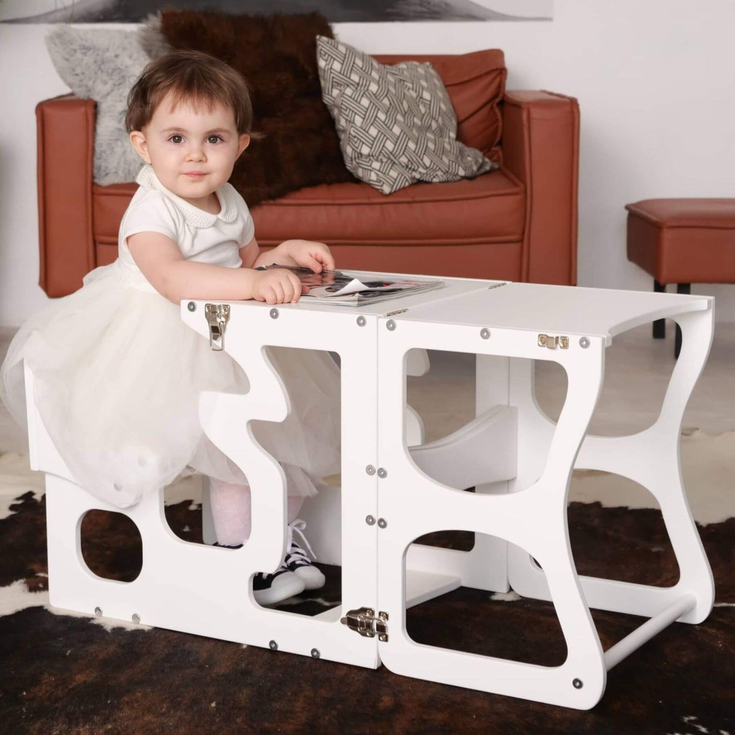 Girl Sitting at Wood and Hearts Convertible Kitchen Tower Neckline White