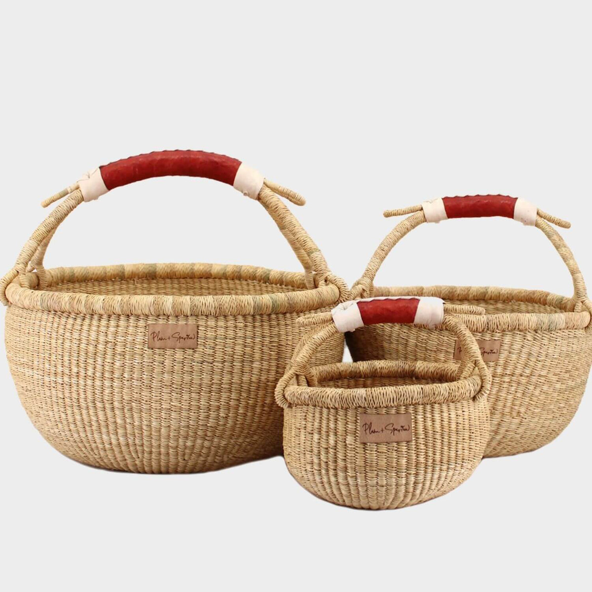 Three Plum+Sparrow Cognac + Cream Handle Market Basket in different sizes