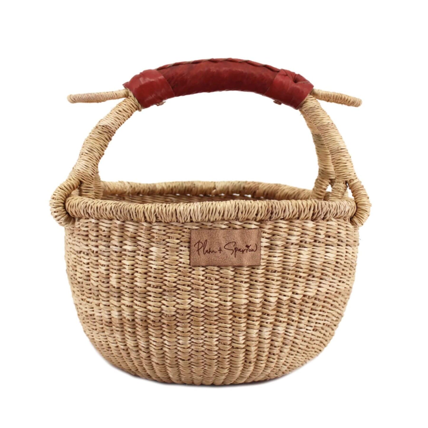 Plum+Sparrow Cognac Handle Small Market Basket on a white background
