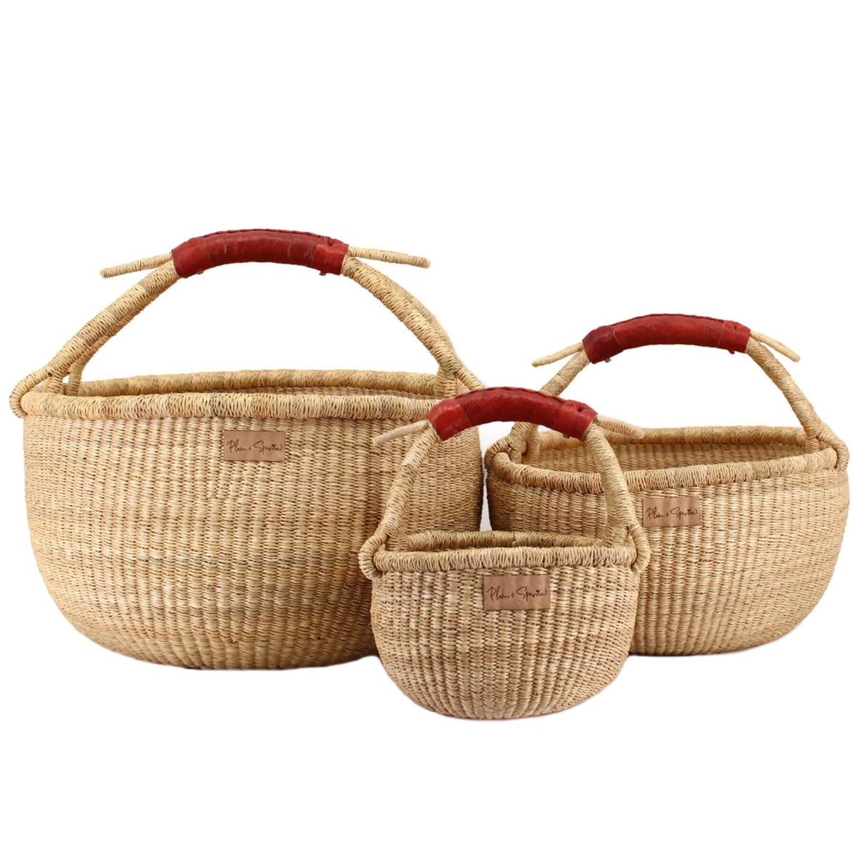Three Plum+Sparrow Cognac Handle Small Market Basket in different sizes
