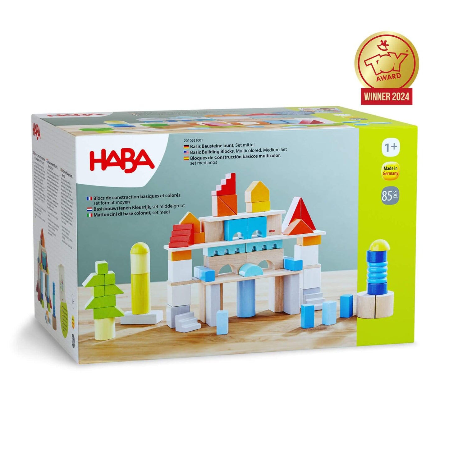 HABA building block set packaging with colorful blocks and award badge on a white background