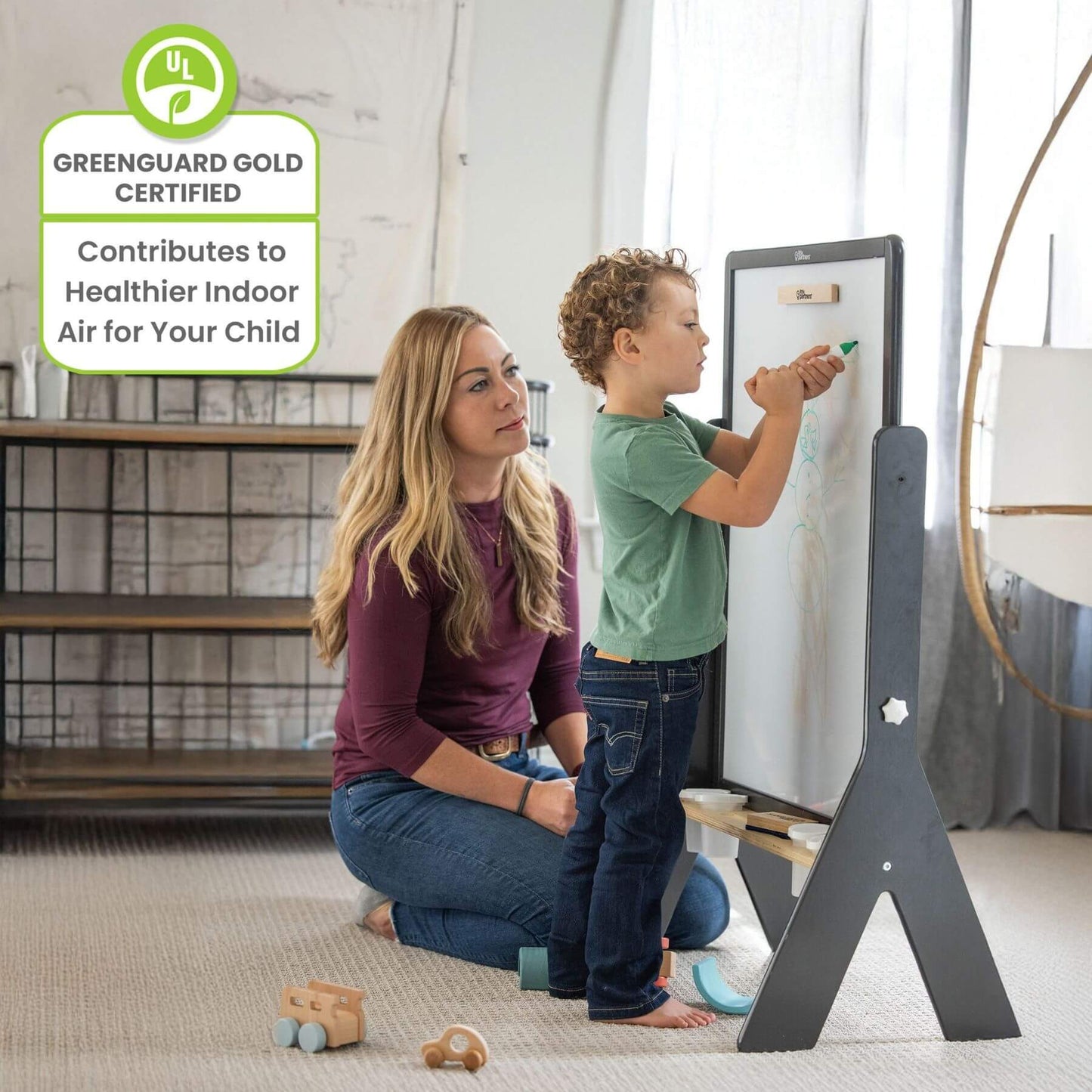 Mom Watching Boy Drawing on Little Partners Contempo Art Easel Charcoal