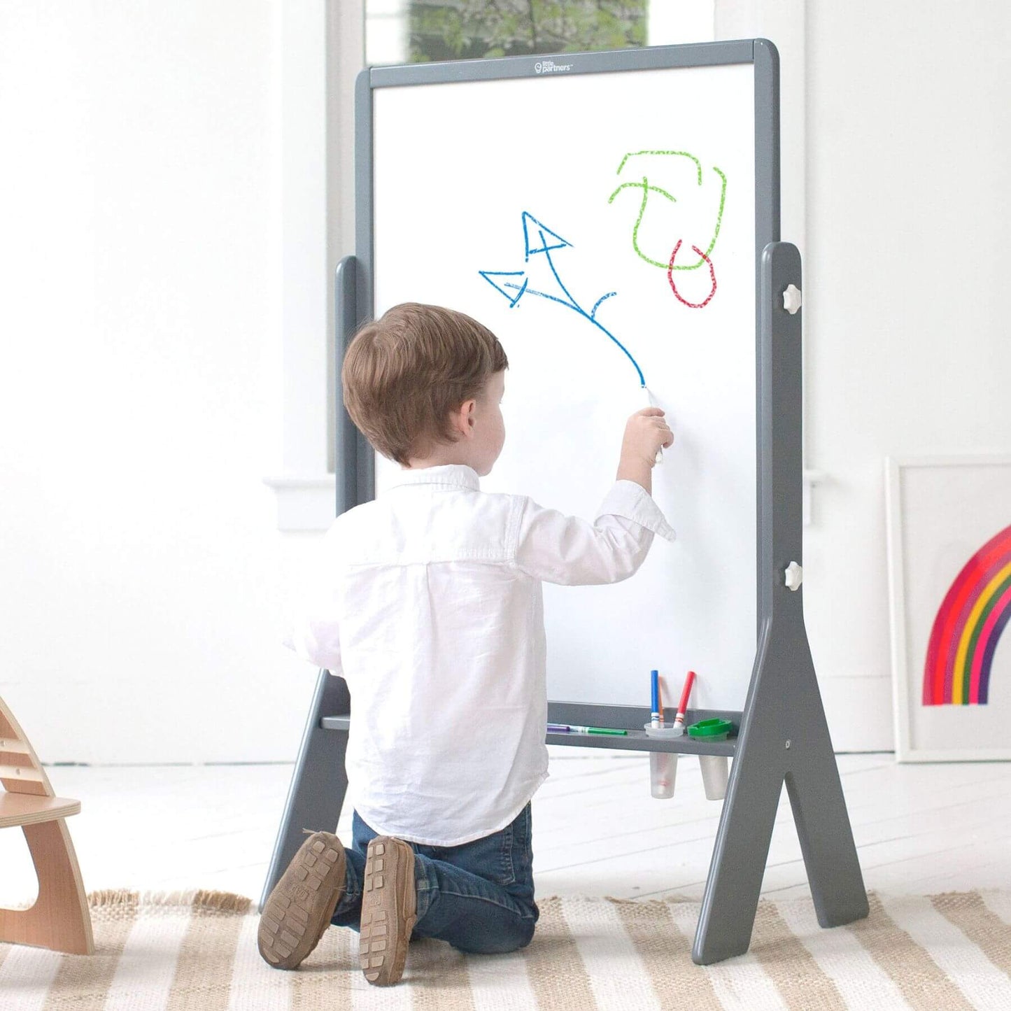 Boy Drawing on Little Partners Contempo Art Easel Grey