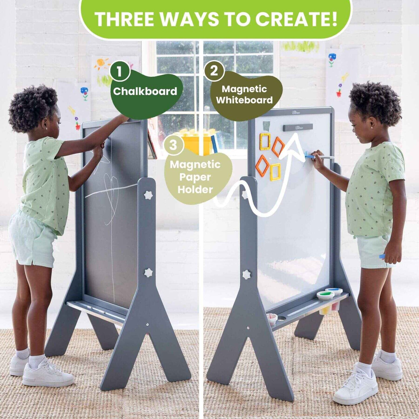 Girl Drawing on Little Partners Contempo Art Easel Grey
