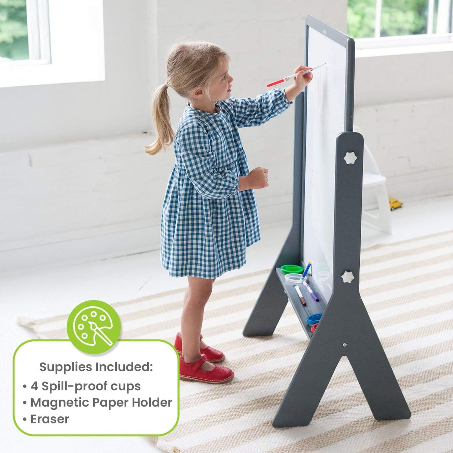 Girl Drawing on Little Partners Contempo Art Easel Grey