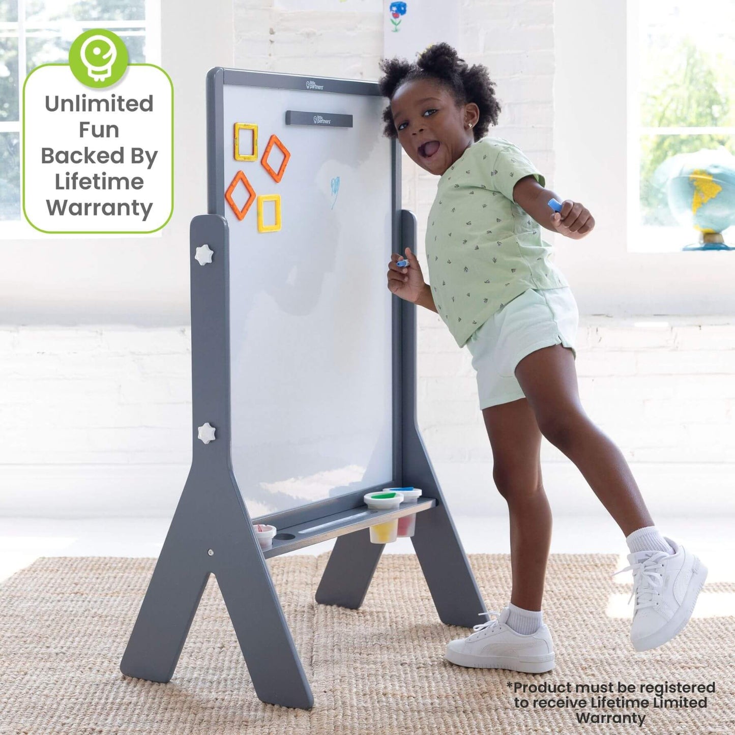 Girl Drawing on Little Partners Contempo Art Easel Grey