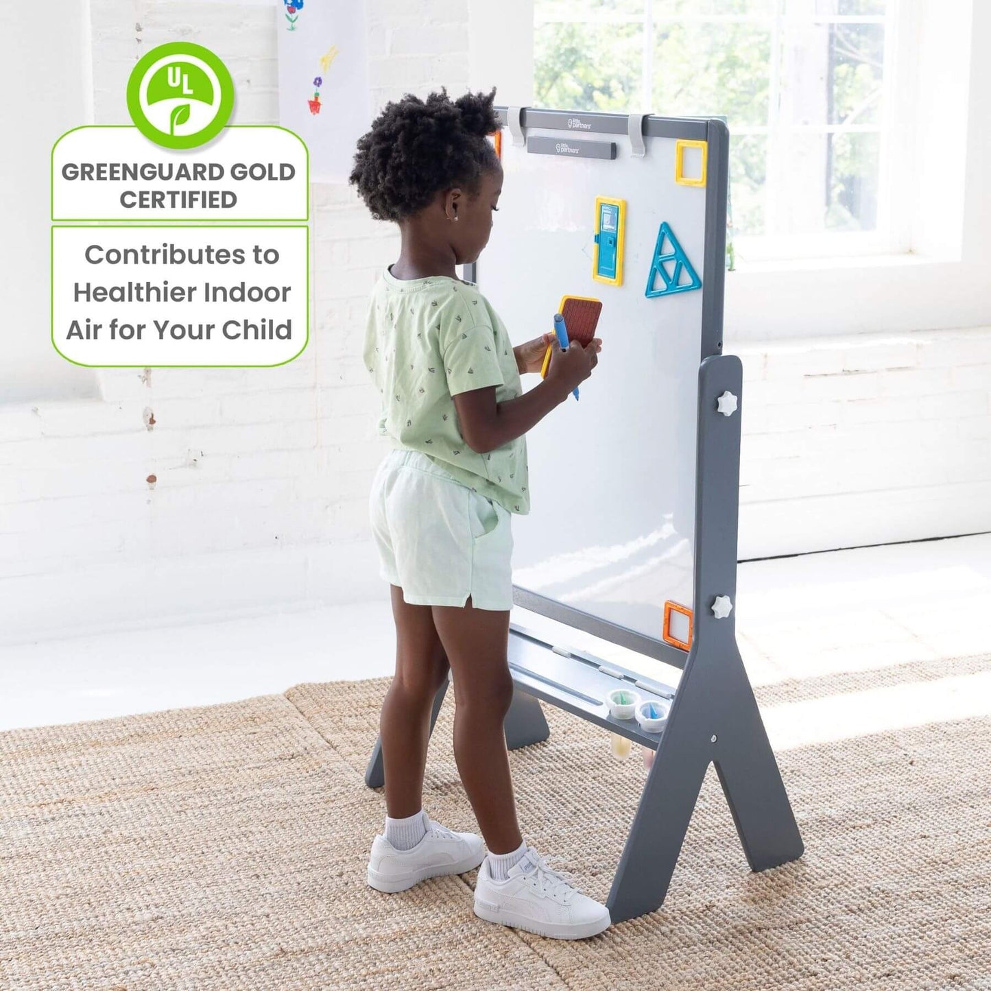 Girl Drawing on Little Partners Contempo Art Easel Grey