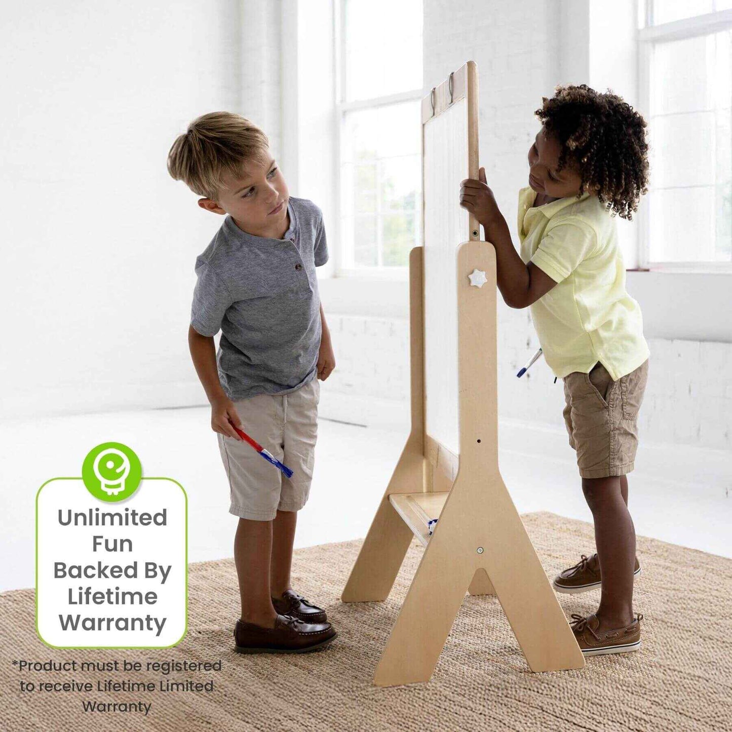 Kids Drawing on Both Sides of Little Partners Contempo Art Easel Natural