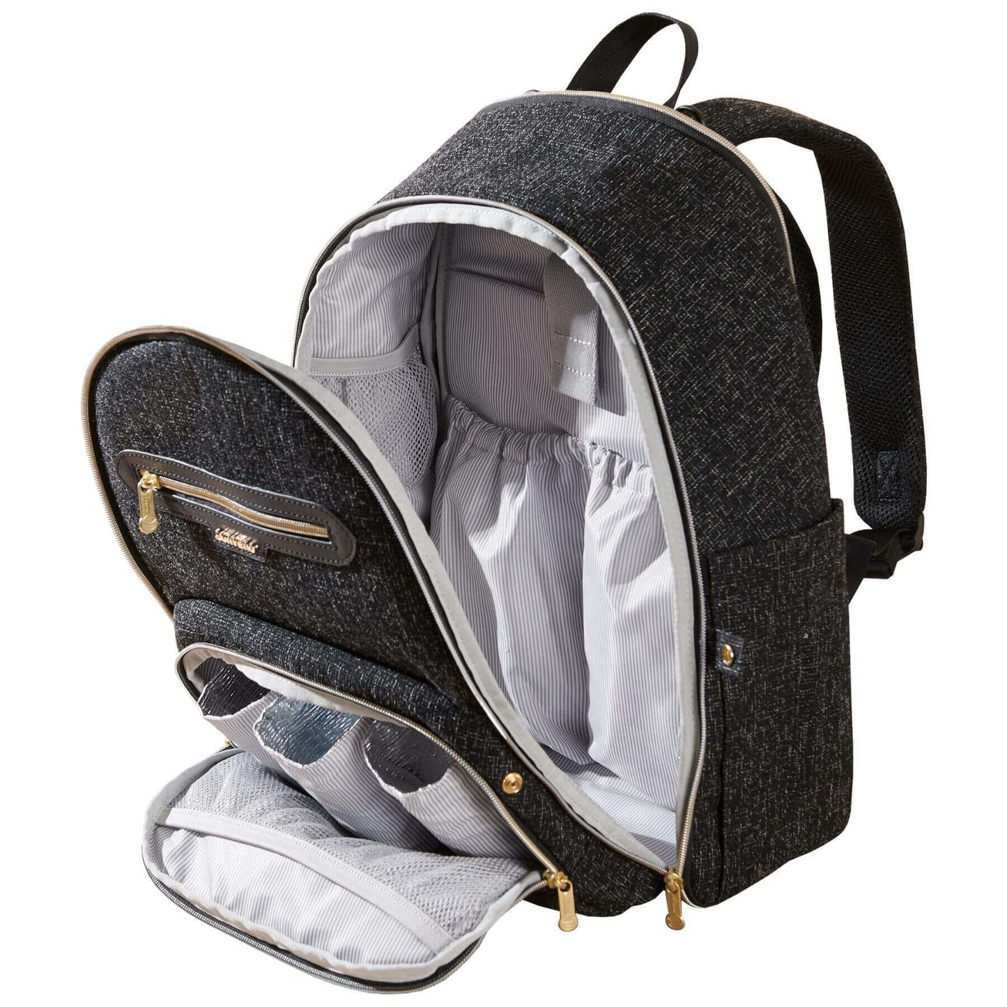 Open Sunveno Convertible Tweed Diaper Backpack Black on a white background