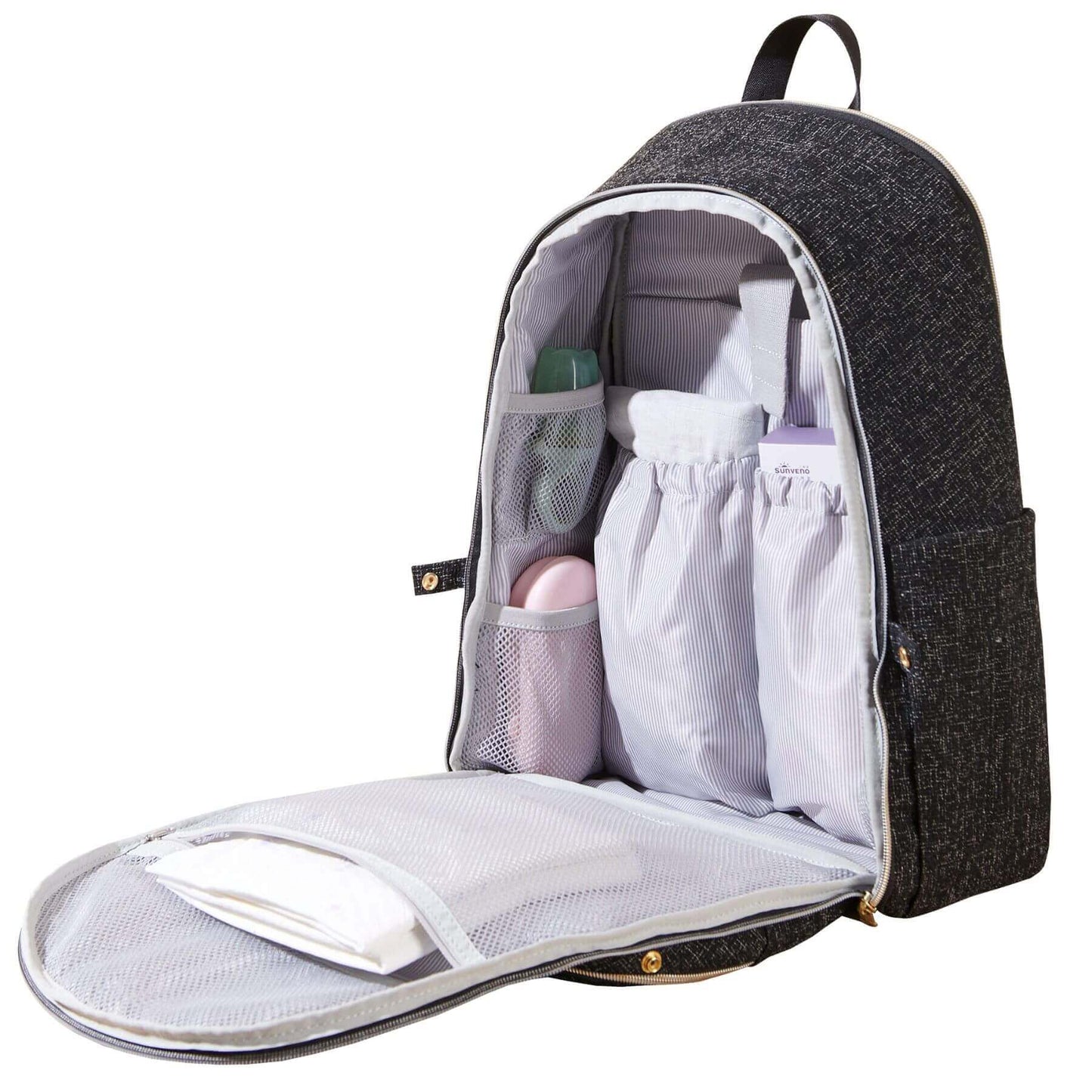 Open Sunveno Convertible Tweed Diaper Backpack Black with organized items