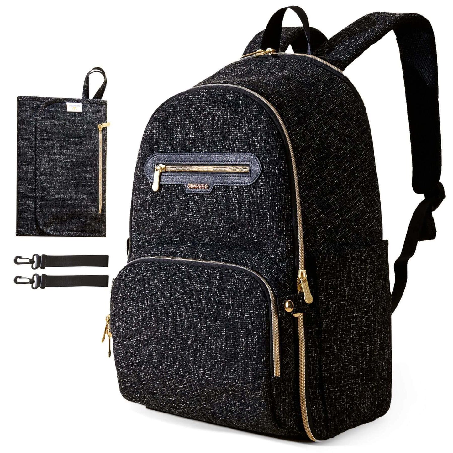 Sunveno Convertible Tweed Diaper Backpack Black and additional pouches