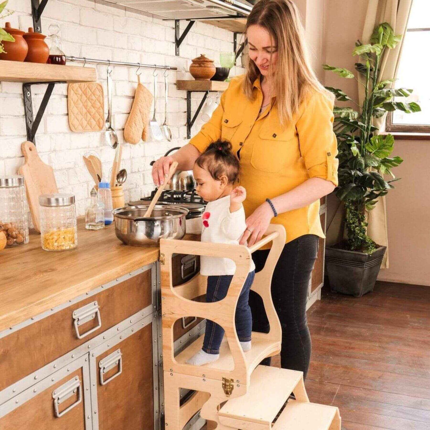 Girl Helping Mom Cooking on Wood and Hearts Convertible Kitchen Tower