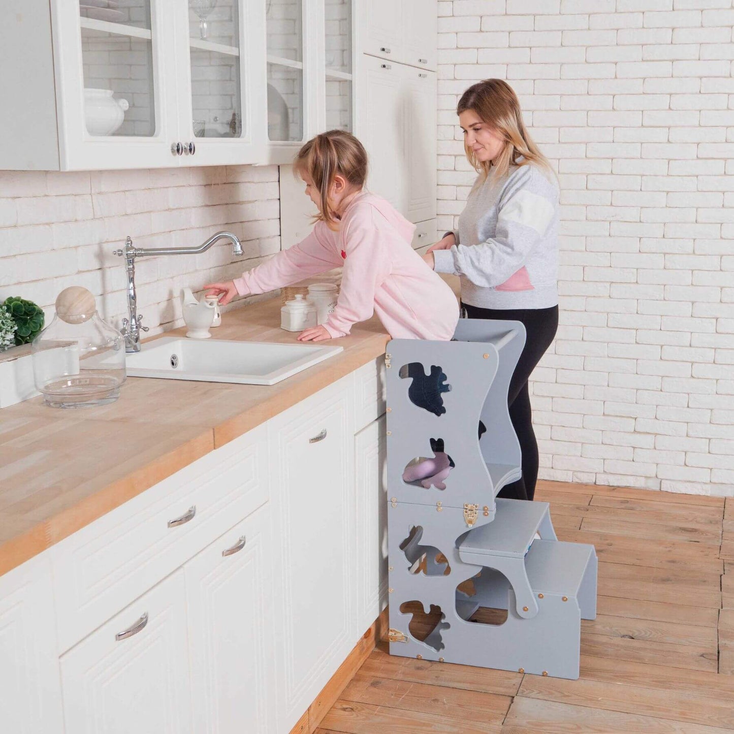 Girl Standing on Wood and Hearts Convertible Kitchen Tower Animals Grey