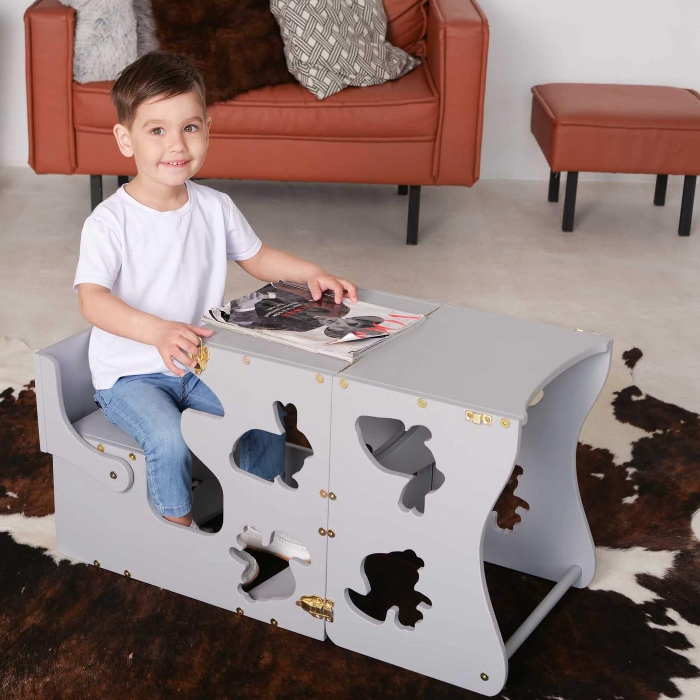 Boy Sitting at Wood and Hearts Convertible Kitchen Tower Animals Grey