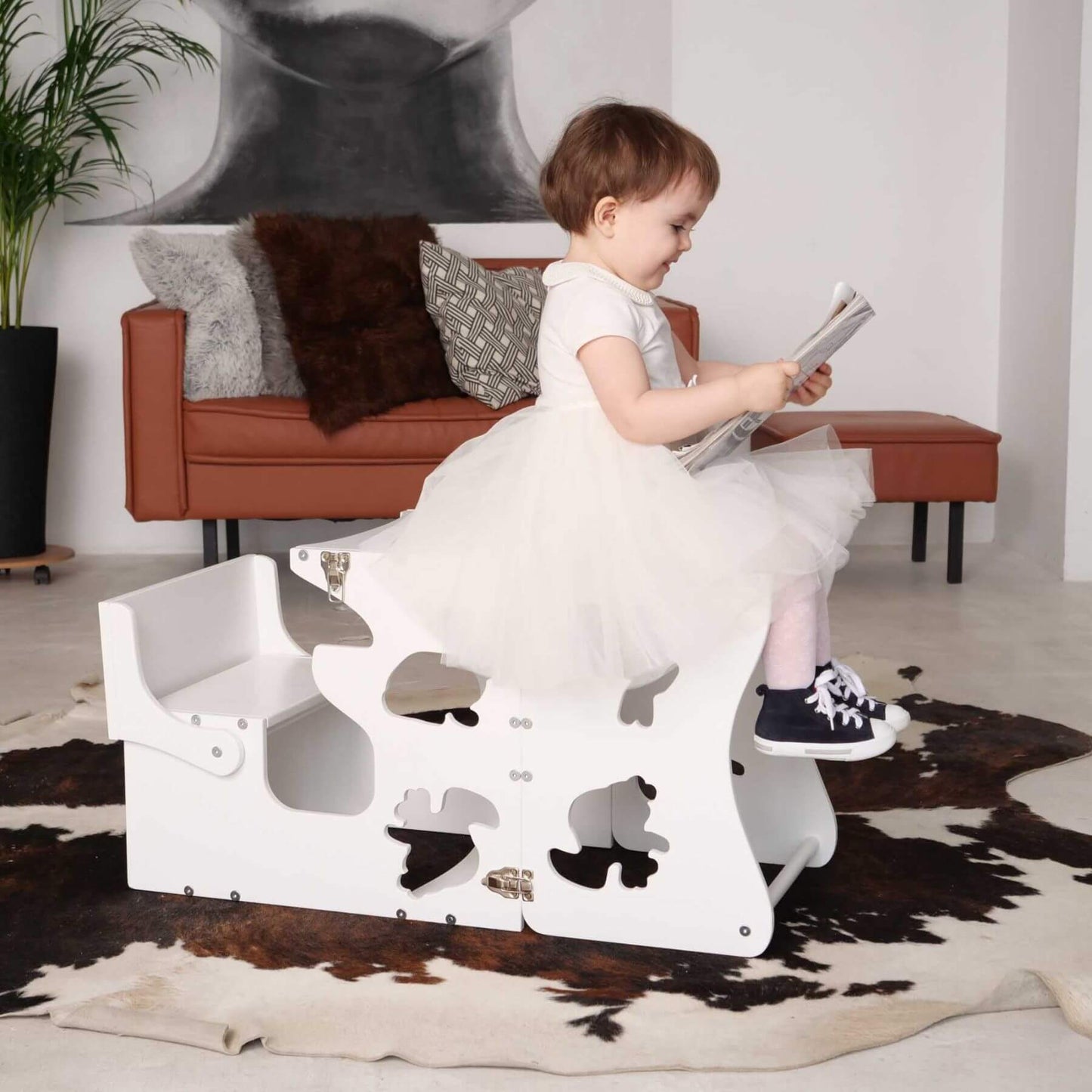 Girl Sitting on Wood and Hearts Convertible Kitchen Tower Animals White