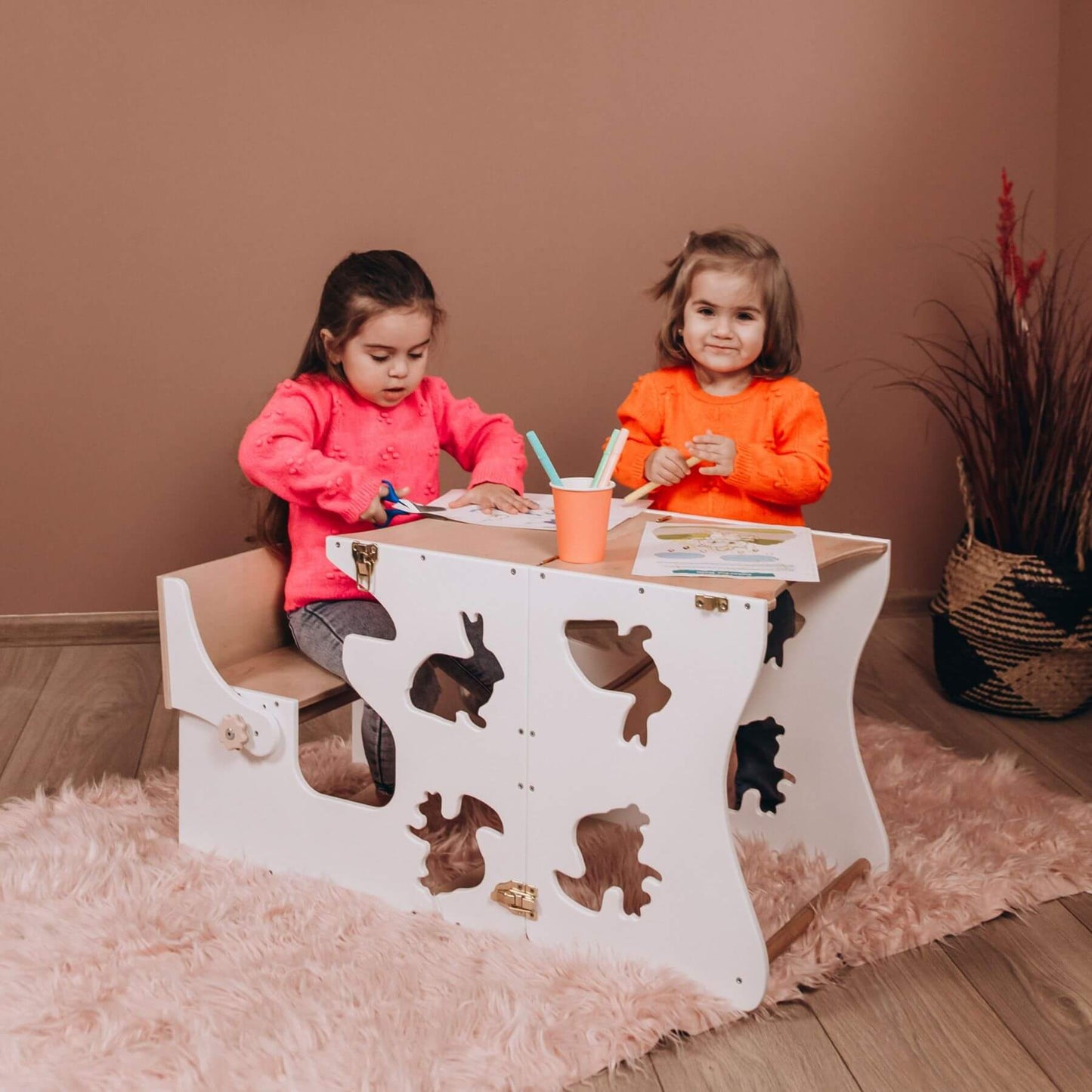 2 Girls Doing Crafts at Wood and Hearts Convertible Kitchen Tower Animals White & Wood