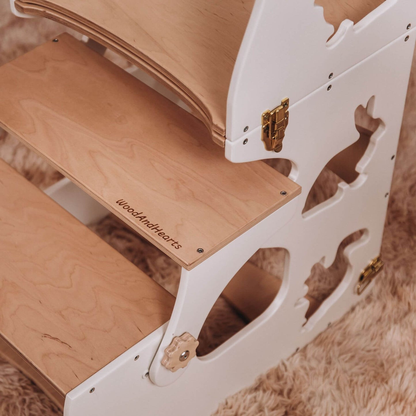 Detail of Wood and Hearts Convertible Kitchen Tower Animals White & Wood