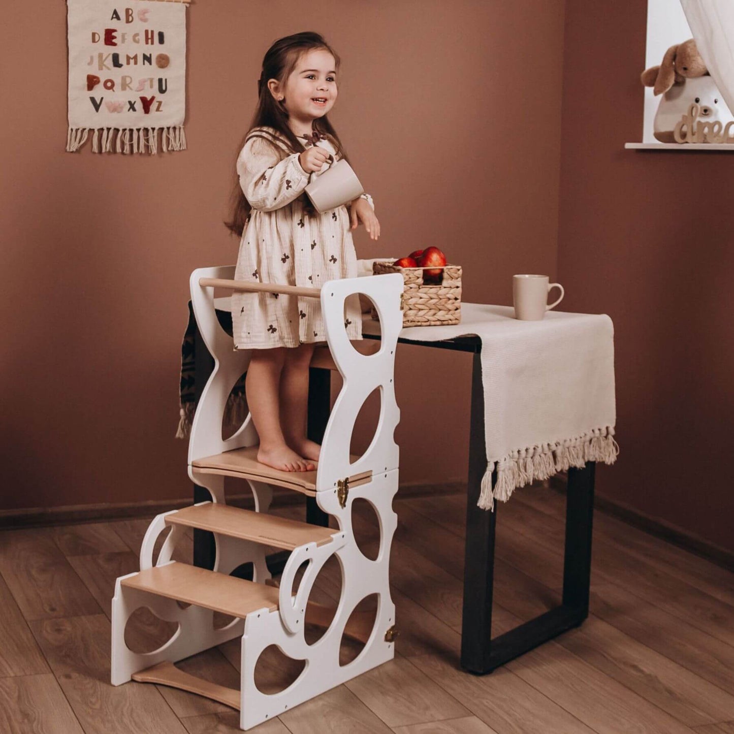 Girl Standing on Wood and Hearts Convertible Kitchen Tower Butterfly White & Wood