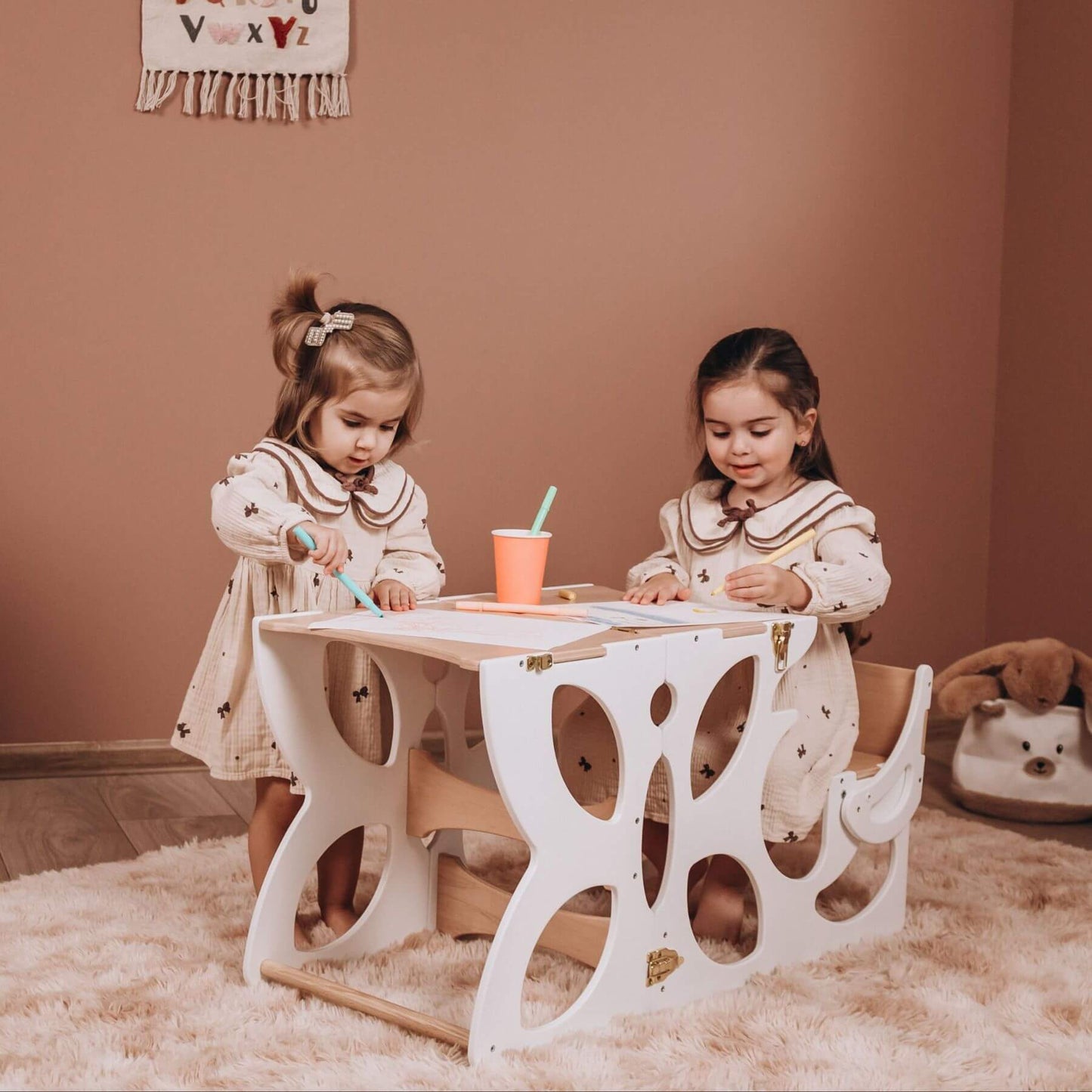 2 Girls Sitting at Wood and Hearts Convertible Kitchen Tower Butterfly White & Wood