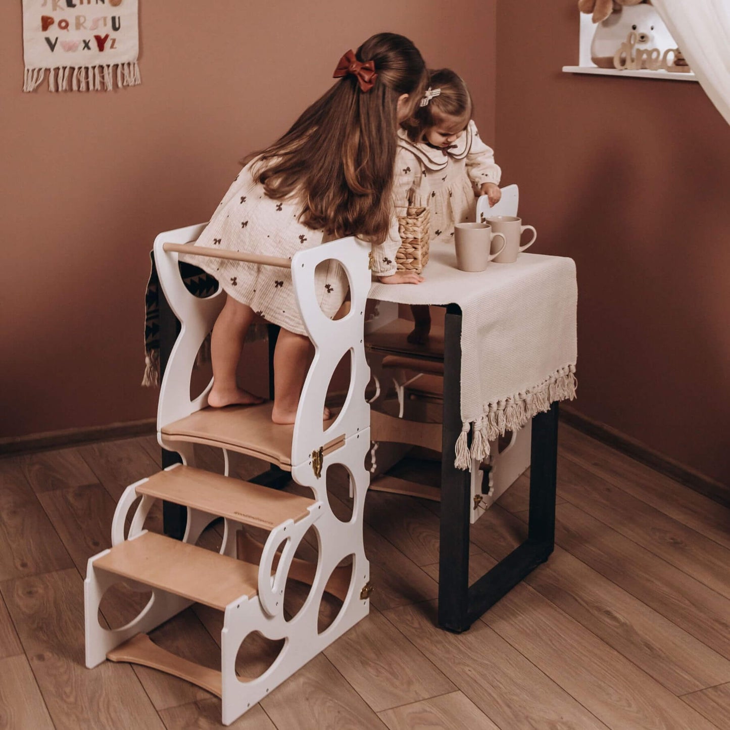 2 Girls Standing on Wood and Hearts Convertible Kitchen Tower Butterfly White & Wood