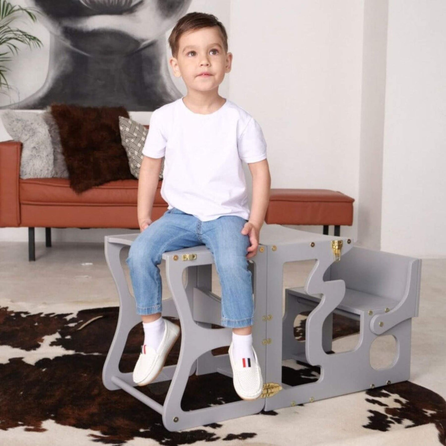 Boy Sitting on Wood and Hearts Convertible Kitchen Tower Neckline Grey