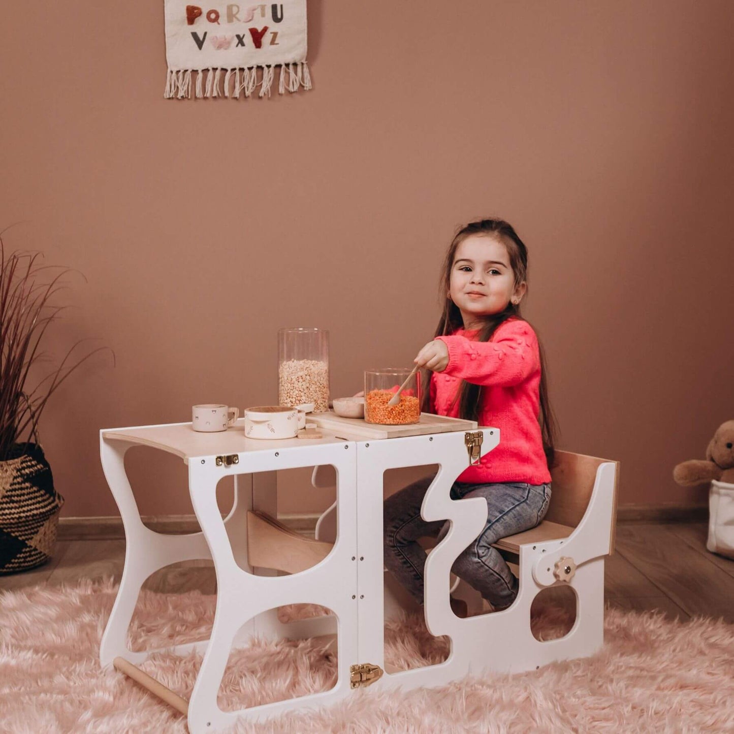 Girl Sitting at Wood and Hearts Convertible Kitchen Tower Neckline White & Wood