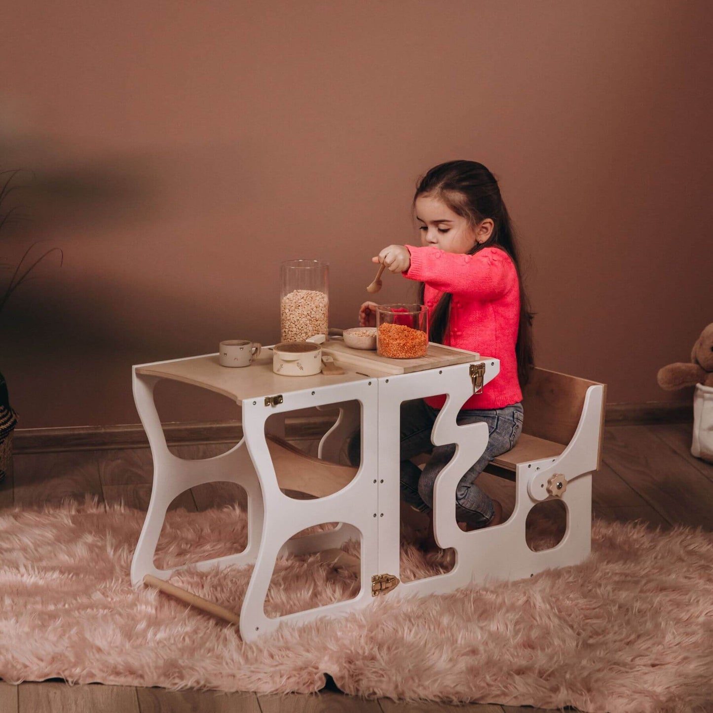Girl Sitting at Wood and Hearts Convertible Kitchen Tower Neckline White & Wood