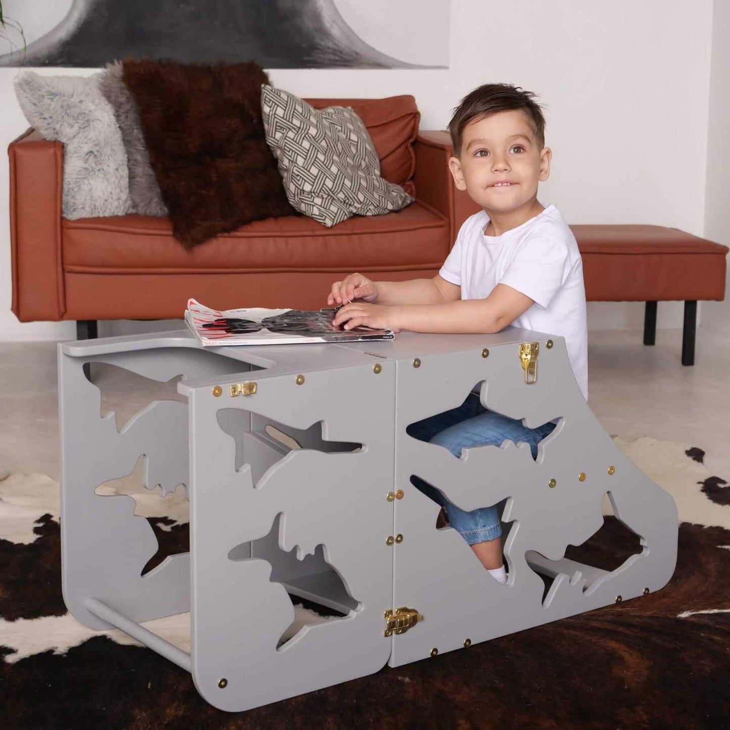 Boy Sitting at Wood and Hearts Convertible Kitchen Tower Shark Grey