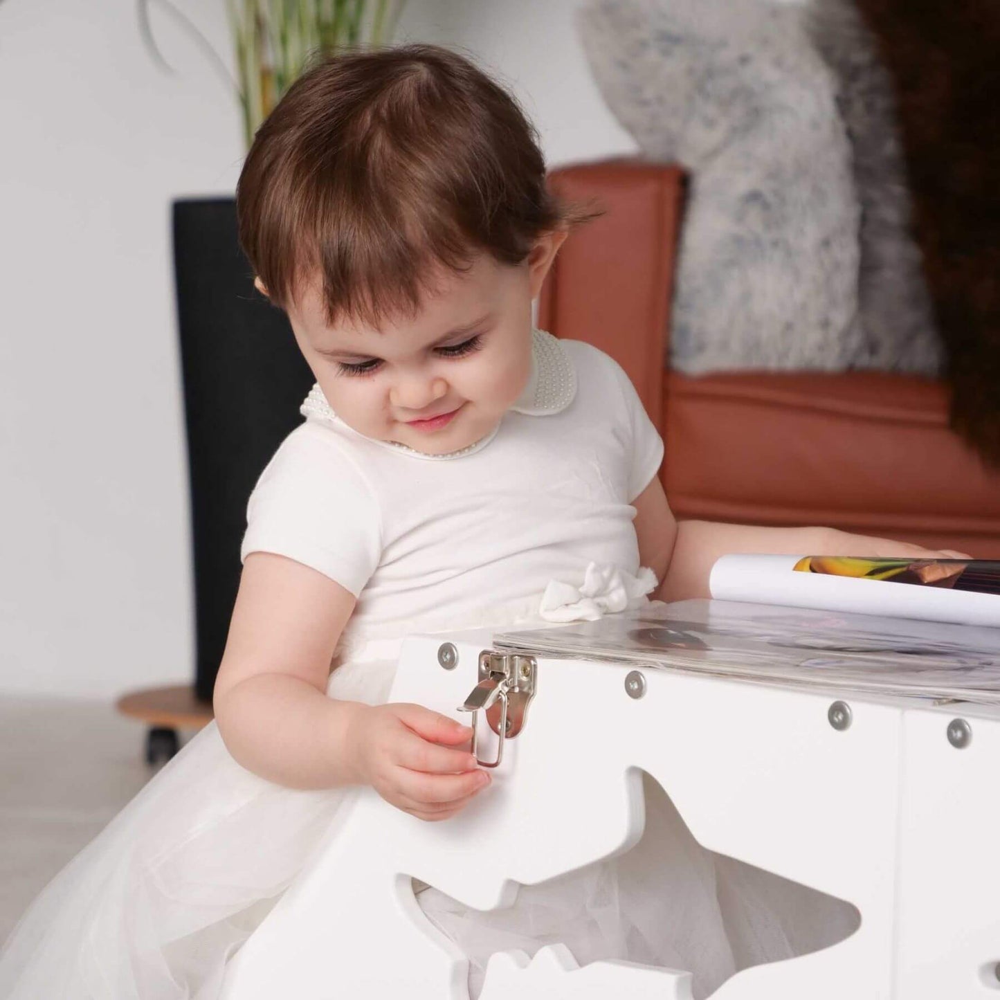 Girl Sitting at Wood and Hearts Convertible Kitchen Tower Shark White