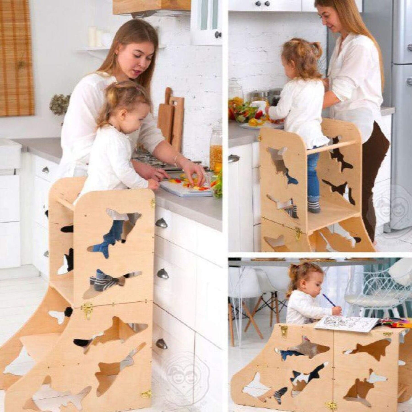 Girl Using Wood and Hearts Convertible Kitchen Tower Shark Wood