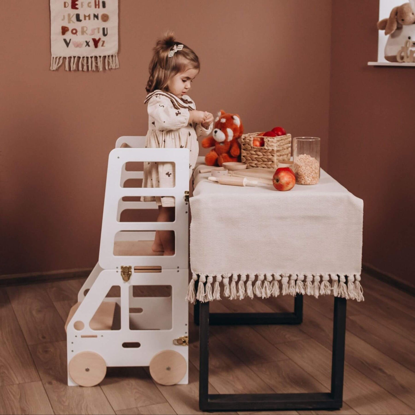 Girl Standing on Wood and Hearts Convertible Kitchen Tower Truck White & Wood