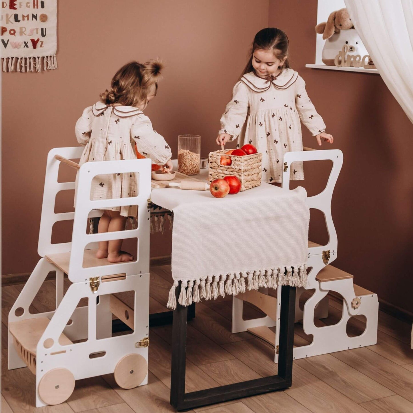 2 Girls Standing on Wood and Hearts Convertible Kitchen Tower Truck White & Wood