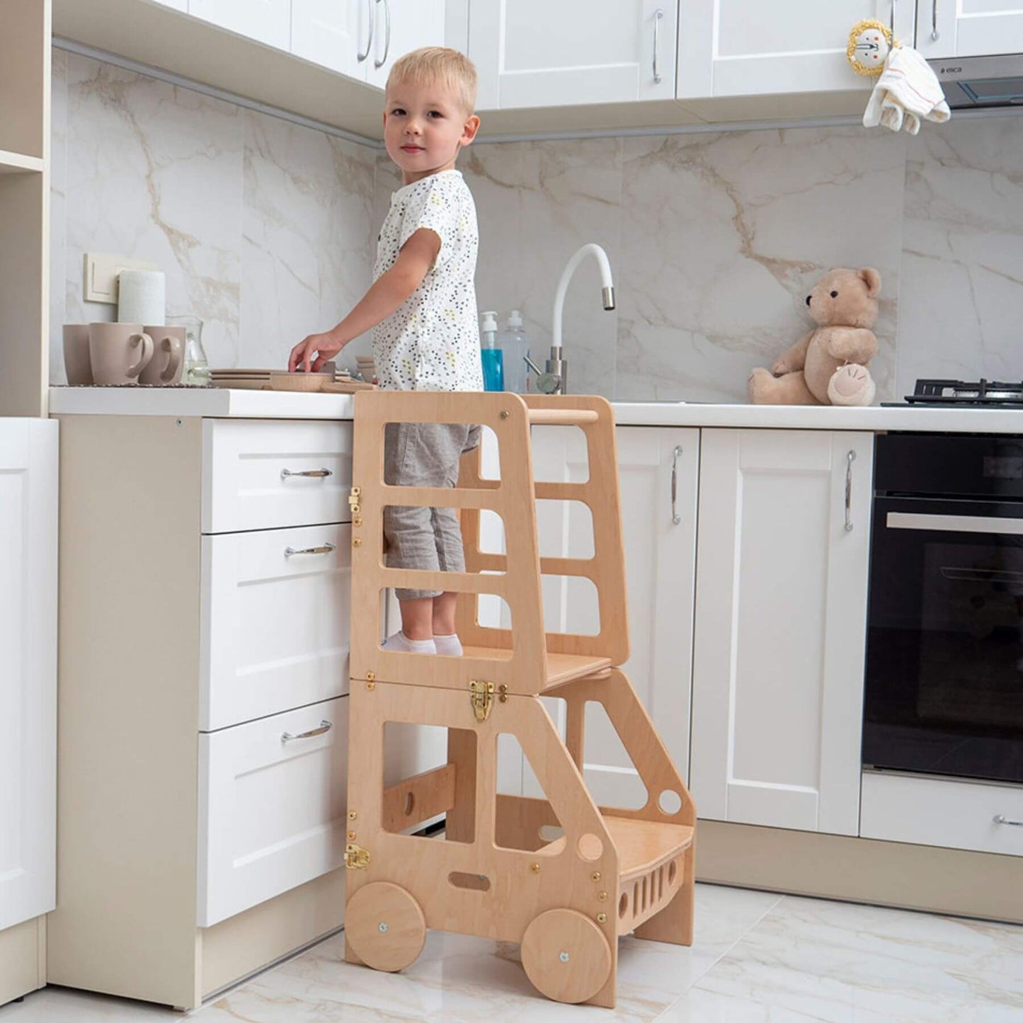 Boy Standing on Wood and Hearts Convertible Kitchen Tower Truck Wood