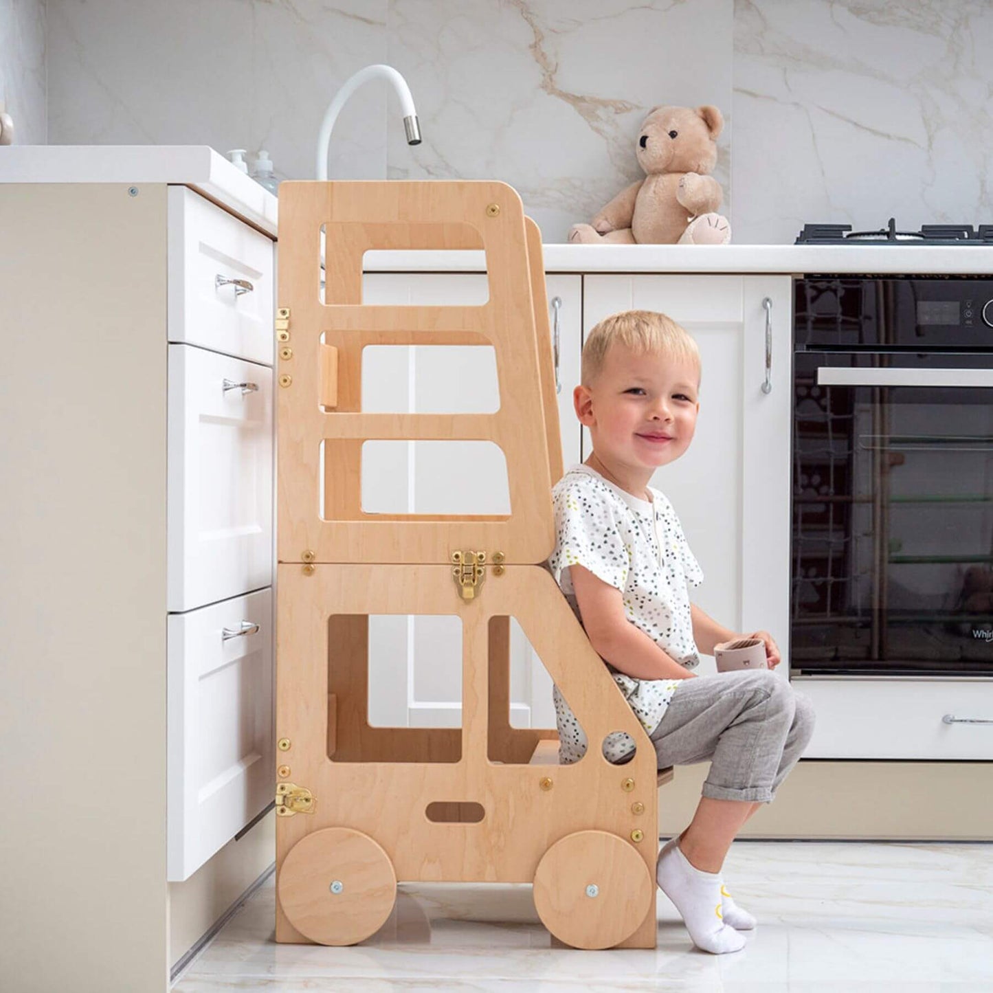Boy Sitting on Wood and Hearts Convertible Kitchen Tower Truck Wood