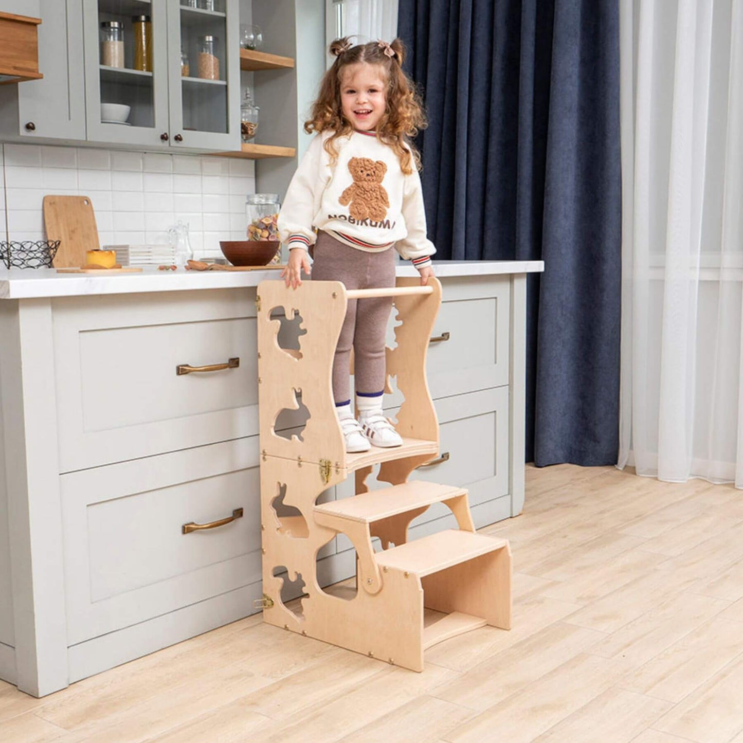 Girl Standing on Wood and Hearts Convertible Kitchen Tower Animals Wood