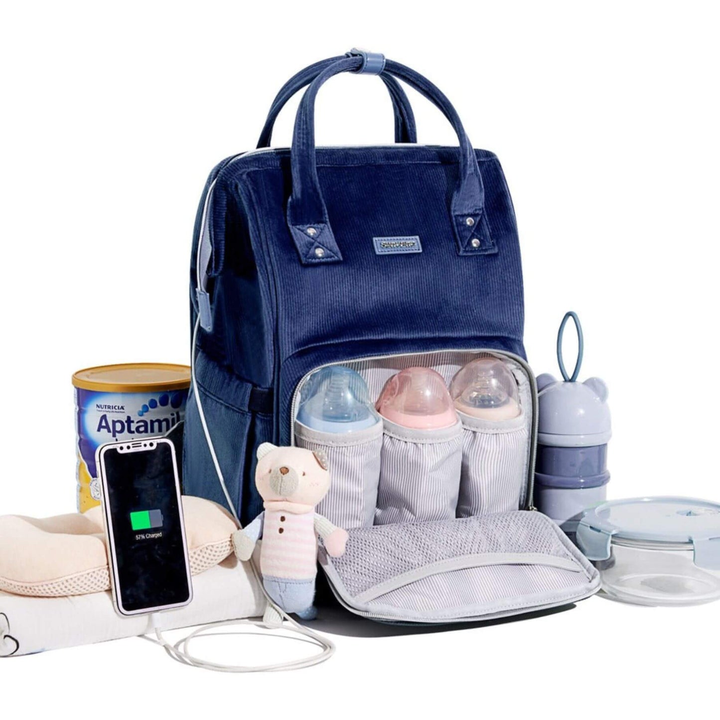 Corduroy Diaper Backpack Blue with baby items