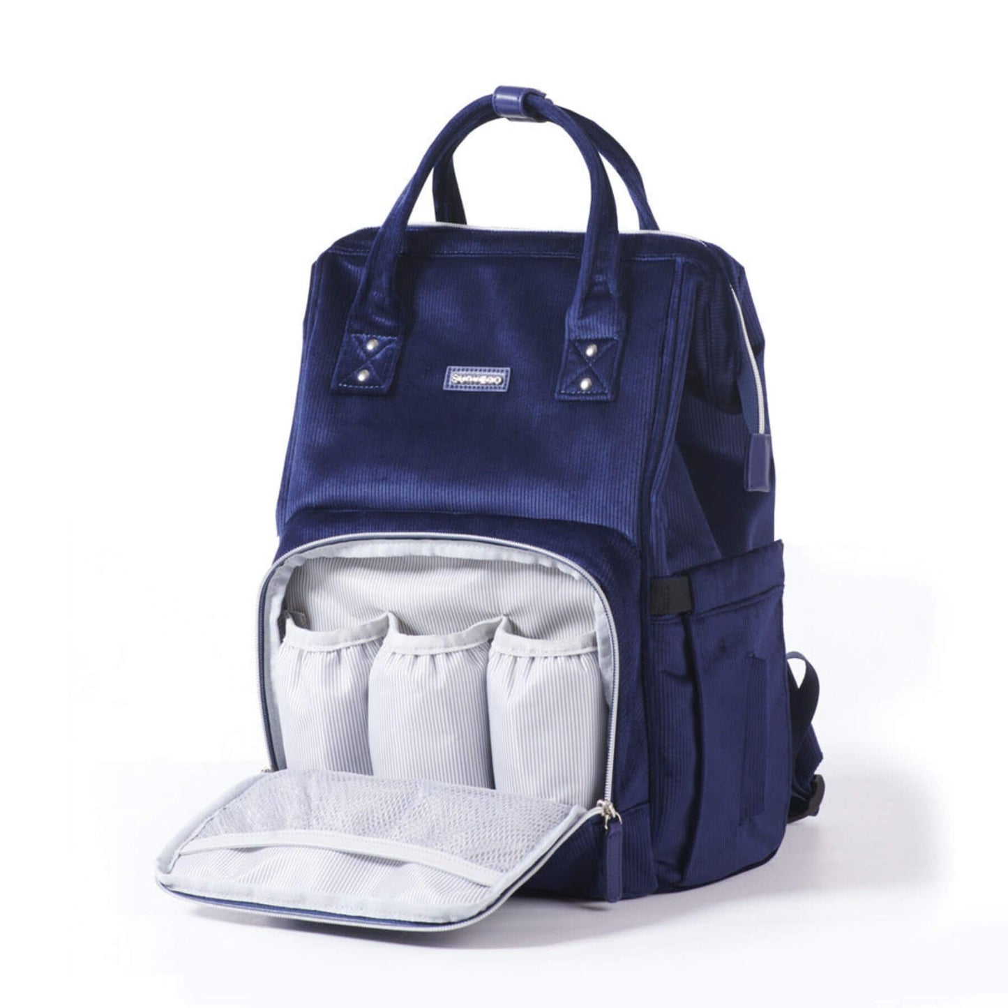 Corduroy Diaper Backpack Blue with white interior on a white background