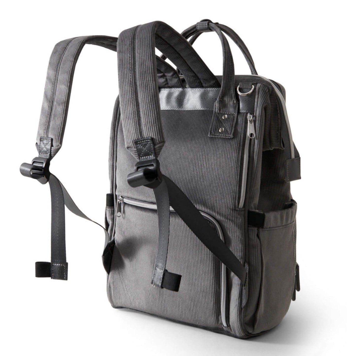 Back View of Corduroy Diaper Backpack Grey