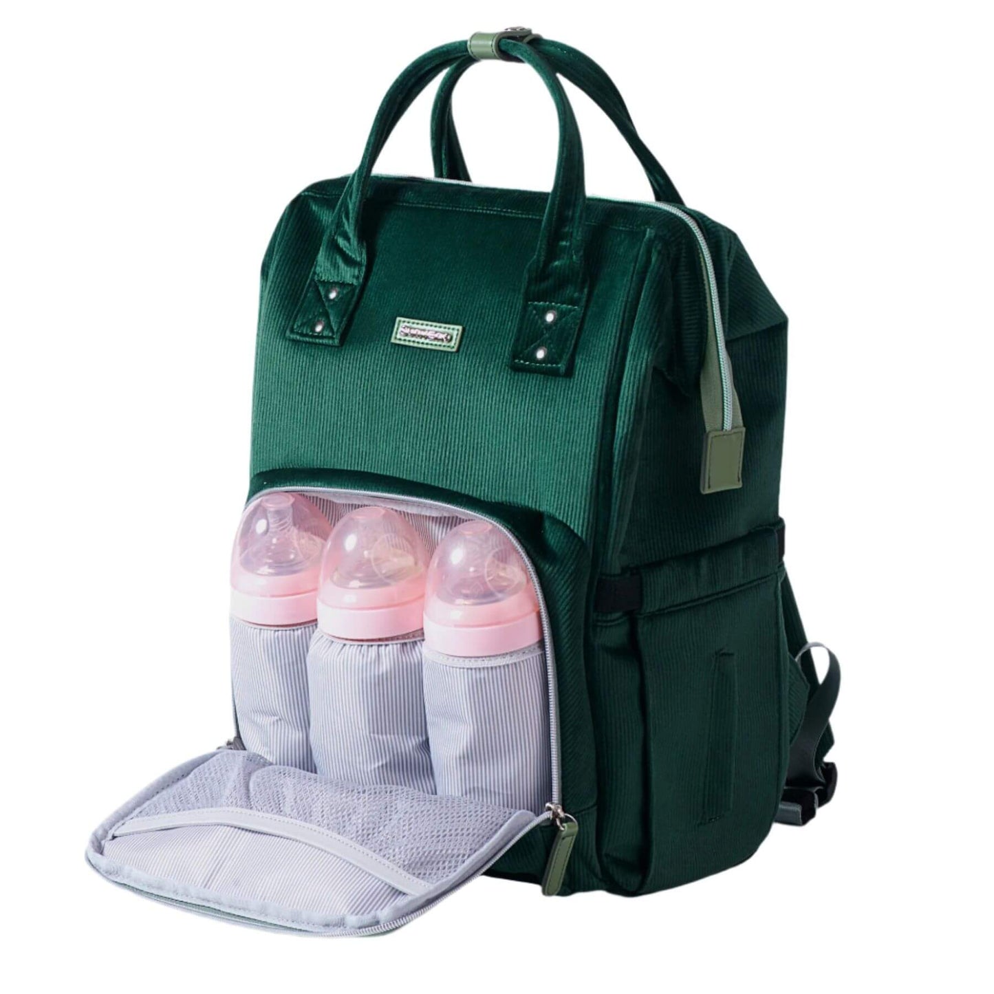 Corduroy Diaper Backpack Green with baby bottles in a compartment